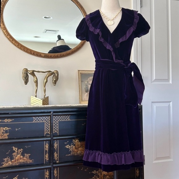 Vintage Dresses & Skirts - Vintage Velvet Wrap Dress in Royal Purple, Circa Late 70’s/Early 80’s
